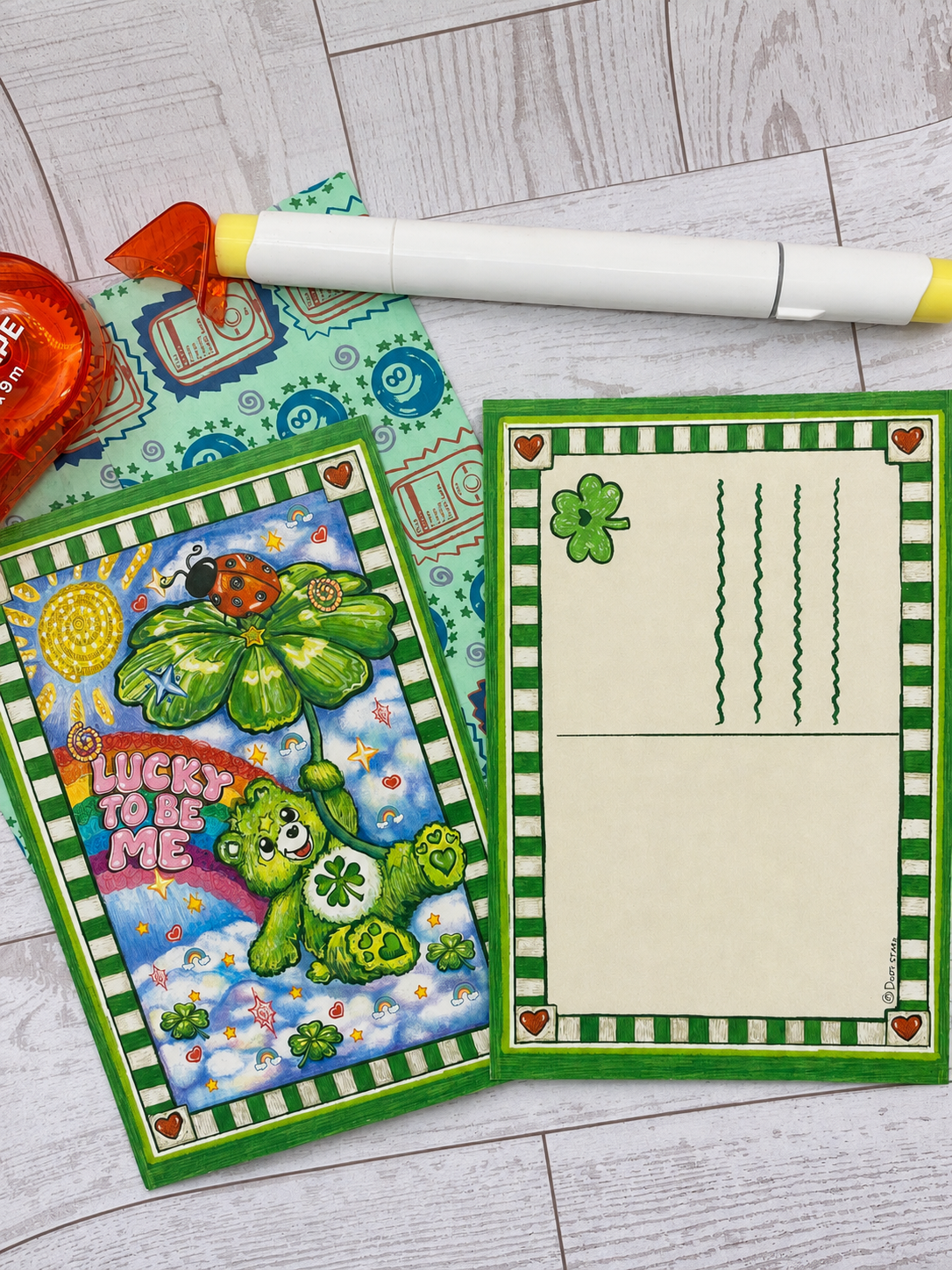 🍀 Lucky Bear Double-Sided Postcard Print — 4x6”